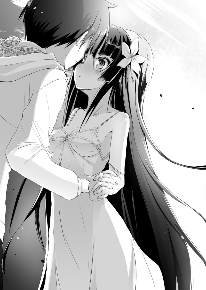 1boy, 1girl, breasts, cleavage, collarbone, dress, eye_contact, floating_hair
