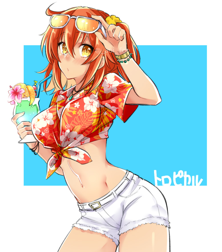 1girl, adjusting_eyewear, bracelet, cowboy_shot, cup, drinking_straw, eyebrows_visible_through_hair, eyewear_on_head, fate/grand_order, fate_(series), fujimaru_ritsuka_(female), groin, hair_ornament, hair_scrunchie, hawaiian_shirt, holding, holding_cup, jewelry, long_hair, midriff, navel, necklace, orange-tinted_eyewear, orange_hair, print_shirt, scrunchie, shino-o, shiny, shiny_skin, shirt, short_shorts, shorts, side_ponytail, solo, standing, stomach, sunglasses, tied_shirt, twitter_username, watermark, web_address, white-framed_eyewear, white_shorts, yellow_eyes, yellow_scrunchie