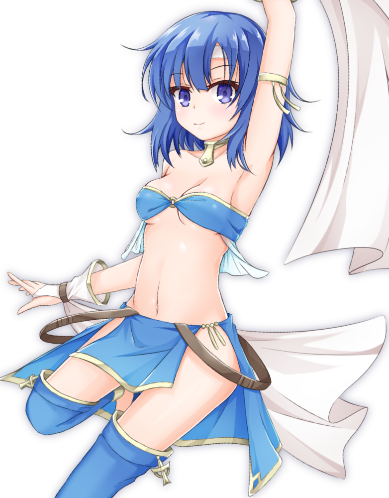 1girl, aatsu, alternate_costume, arm_up, armlet, blue_eyes, blue_hair, blue_legwear
