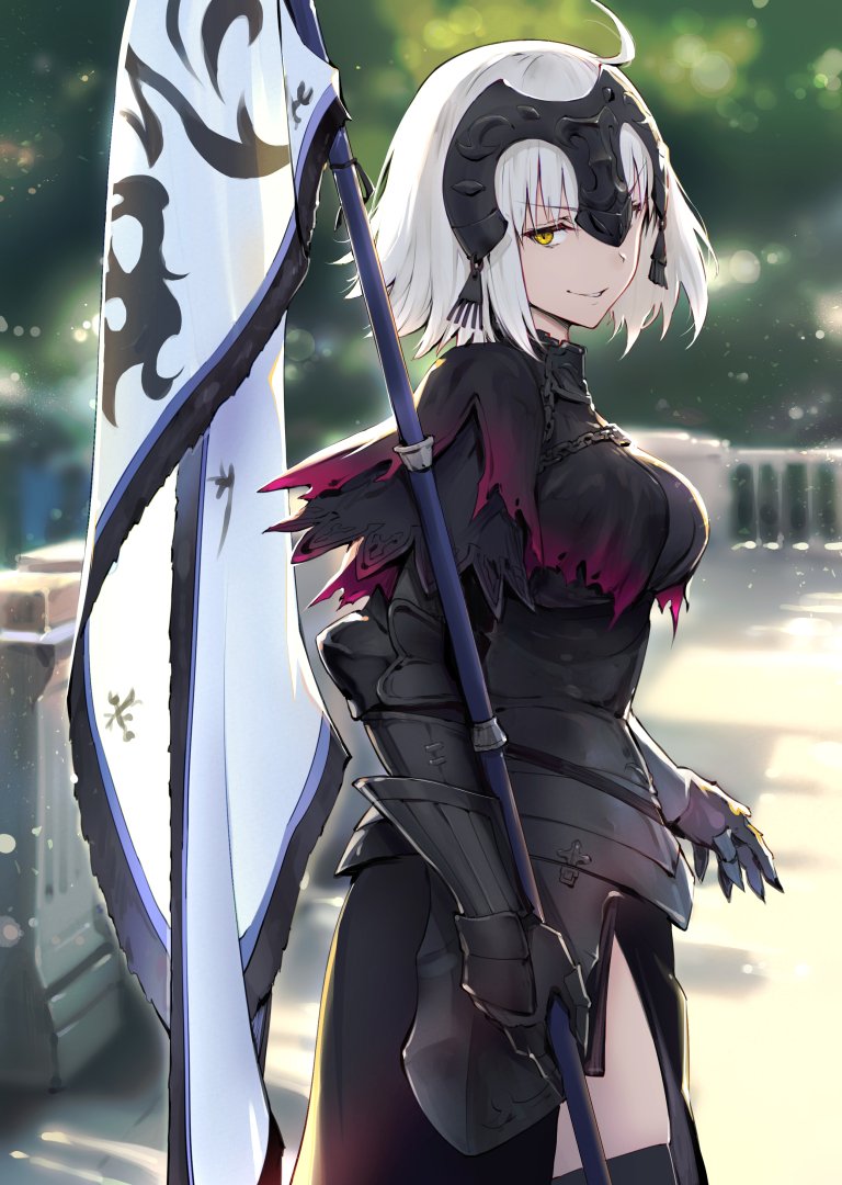 1girl, ahoge, armor, armored_dress, bangs, black_legwear, blurry, blurry_background, bokeh, breasts, cape, cowboy_shot, day, depth_of_field, dress, fate/apocrypha, fate_(series), fur-trimmed_cape, fur_collar, fur_trim, gauntlets, haoni, headpiece, jeanne_d'arc_(alter)_(fate), jeanne_d'arc_(fate), jeanne_d'arc_(fate)_(all), large_breasts, looking_at_viewer, outdoors, short_hair, silver_hair, smile, solo, standard_bearer, thigh-highs, tsurime, yellow_eyes