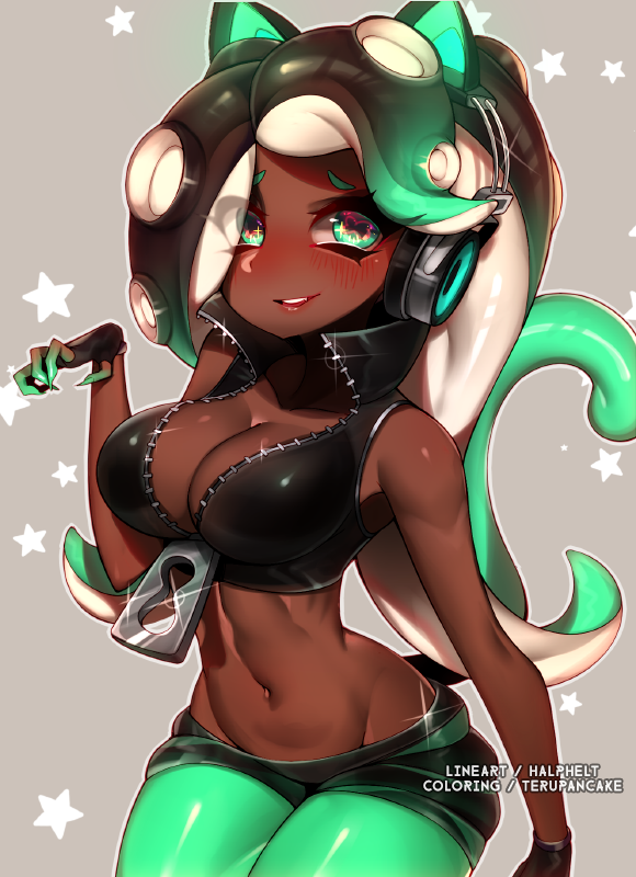 1girl, animal_ears, bare_shoulders, black_gloves, black_hair, black_shorts, blush, breasts