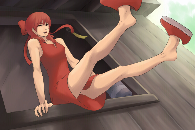 dress, feet, gegege_no_kitarou, maasan, nekomusume, red_hair, redhead, shoe_dangle