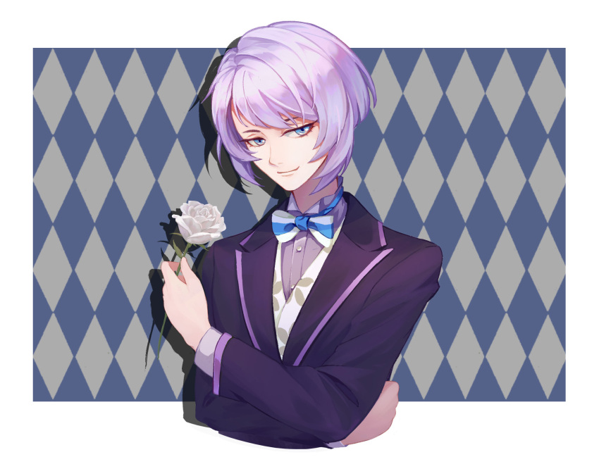 1boy, andy7108, argyle, argyle_background, black_suit, blue_eyes, blue_neckwear, bow