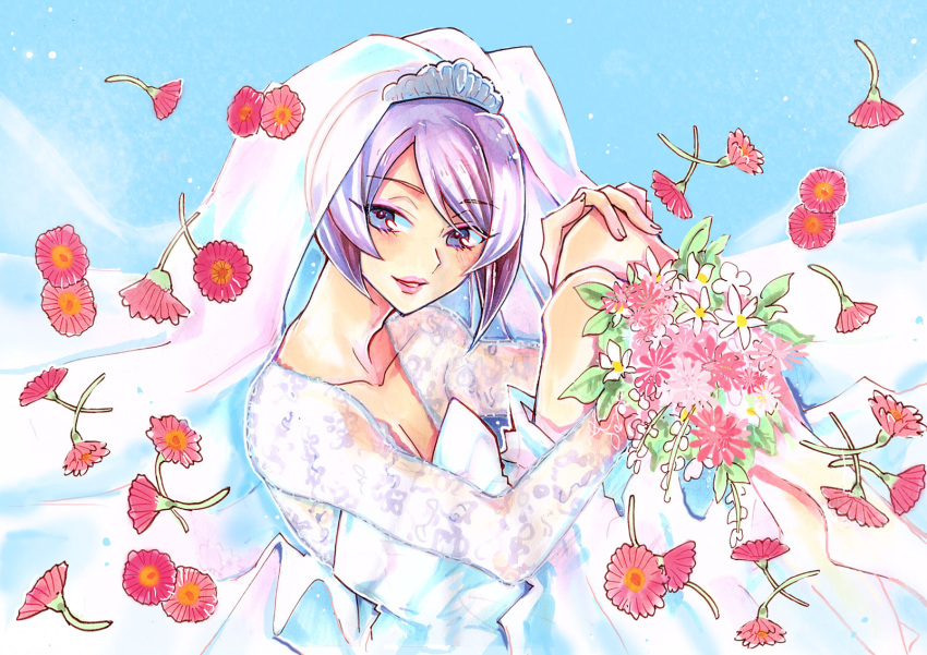 1boy, blue_sky, bouquet, bridal_veil, crossdressinging, day, double_decker!, dress