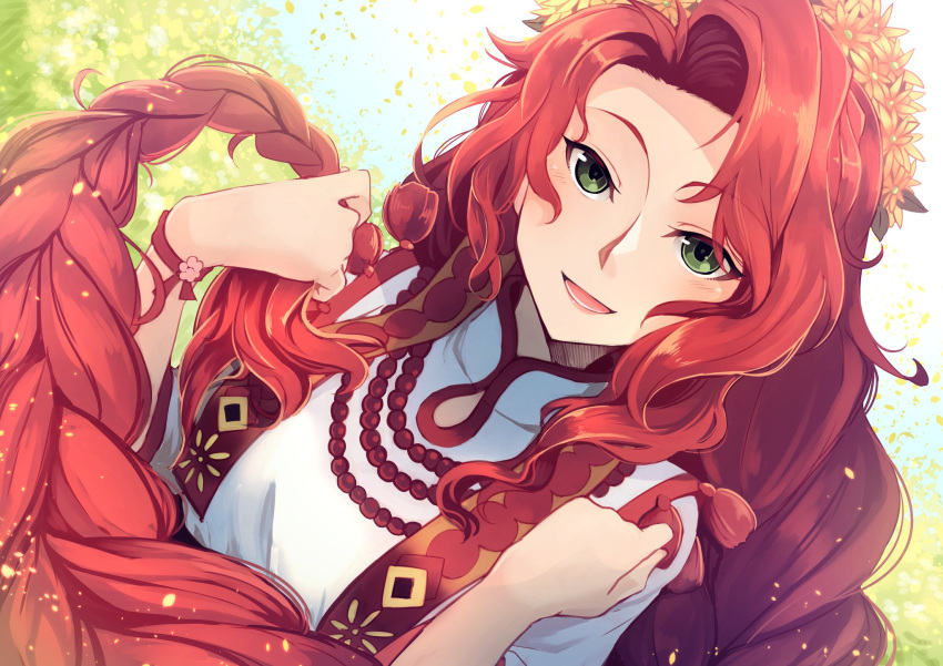 1girl, braid, dress, fire_emblem, fire_emblem:_souen_no_kiseki, fire_emblem_heroes, flower, gloves