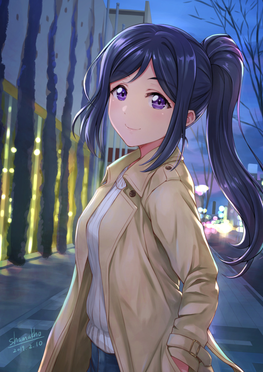 1girl, artist_name, bare_tree, beige_coat, blue_hair, blurry, bokeh, building