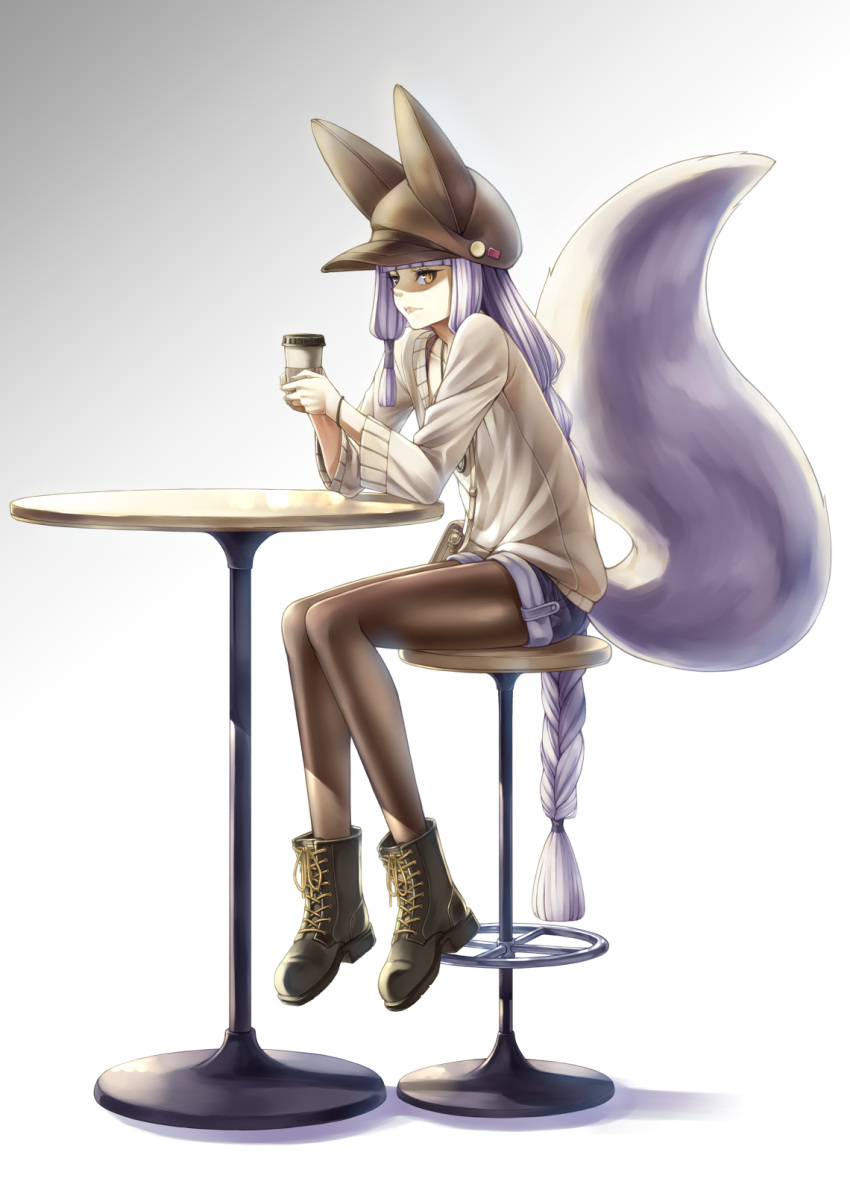 1girl, animal_ears, animal_hat, bangs, black_legwear, blunt_bangs, boots, braid