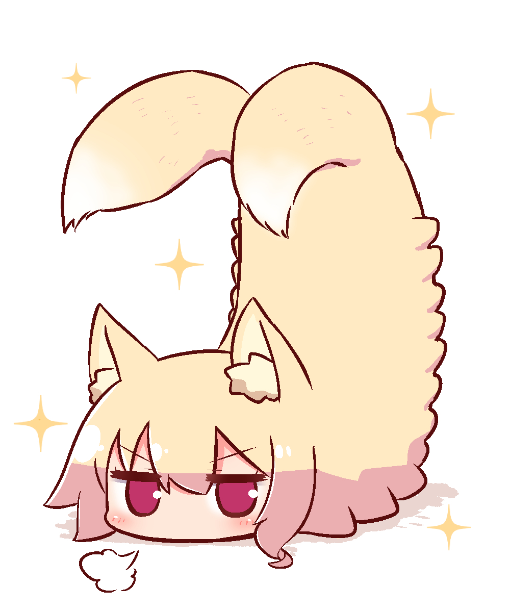 1girl, animal_ear_fluff, animal_ears, animalization, bangs, blush, earwig, eyebrows_visible_through_hair, fox_ears, full_body, hair_between_eyes, highres, kemomimi-chan_(naga_u), multiple_tails, naga_u, original, red_eyes, shadow, solo, sparkle, tail, top-down_bottom-up, two_tails, v-shaped_eyebrows, visible_air, white_background