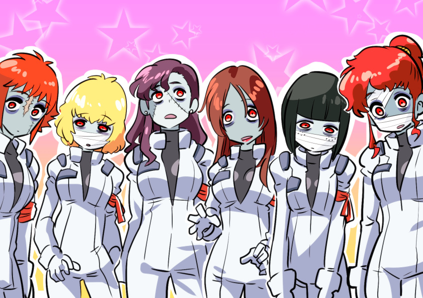 6+girls, armband, bandage_on_face, black_hair, black_undershirt, blonde_hair, brown_hair, connie_francis, earrings, gundam, helen_jackson, highres, ishiyumi, jewelry, junko_jenko, kate_bush, long_hair, mahalia_merril, multiple_girls, namesake, orange_hair, parody, patchwork_skin, peggy_lee, pilot_suit, purple_hair, red_eyes, redhead, scar, scar_across_eye, short_hair, shrike_team(victory_gundam), victory_gundam, zombie, zombie_land_saga