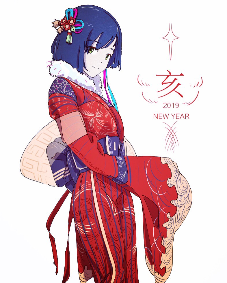 1girl, 2019, blue_hair, chinese_clothes, chinese_new_year, darling_in_the_franxx, eyebrows_visible_through_hair, green_eyes