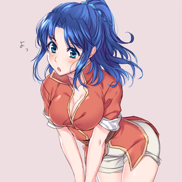 1girl, awayuki_ramika, bangs, blue_eyes, blue_hair, blush, breasts, cleavage