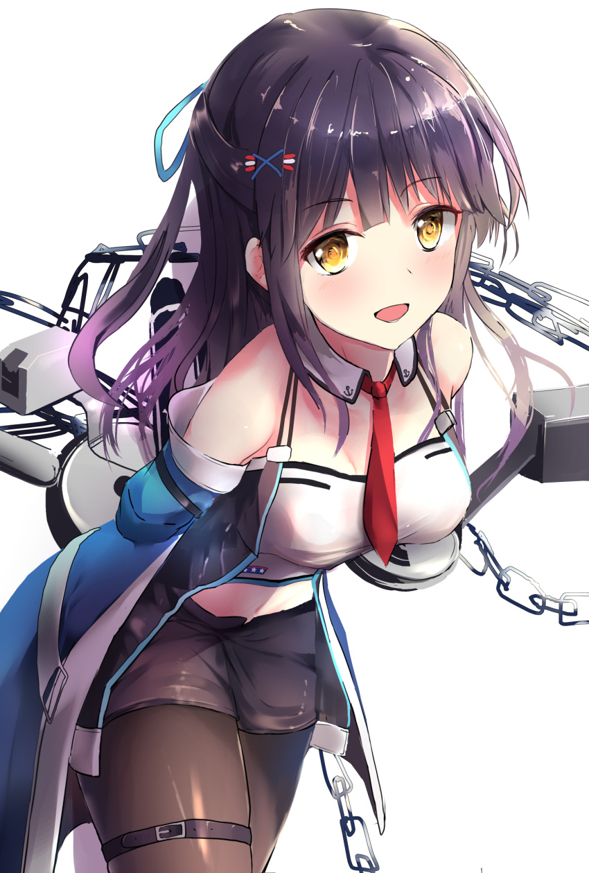 1girl, :d, anchor_symbol, arms_behind_back, azur_lane, bangs, bare_shoulders, black_hair