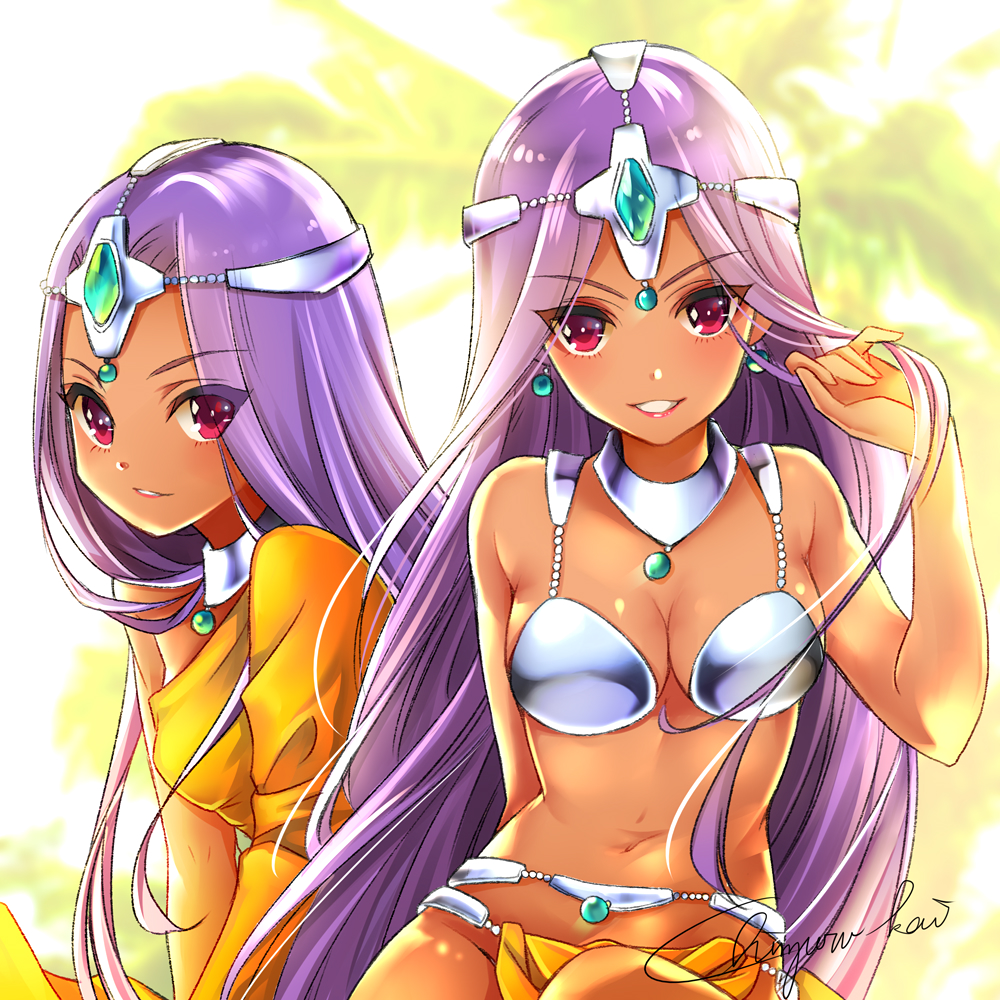 2girls, arm_behind_back, bare_arms, bare_shoulders, breasts, circlet, cleavage, dark_skin