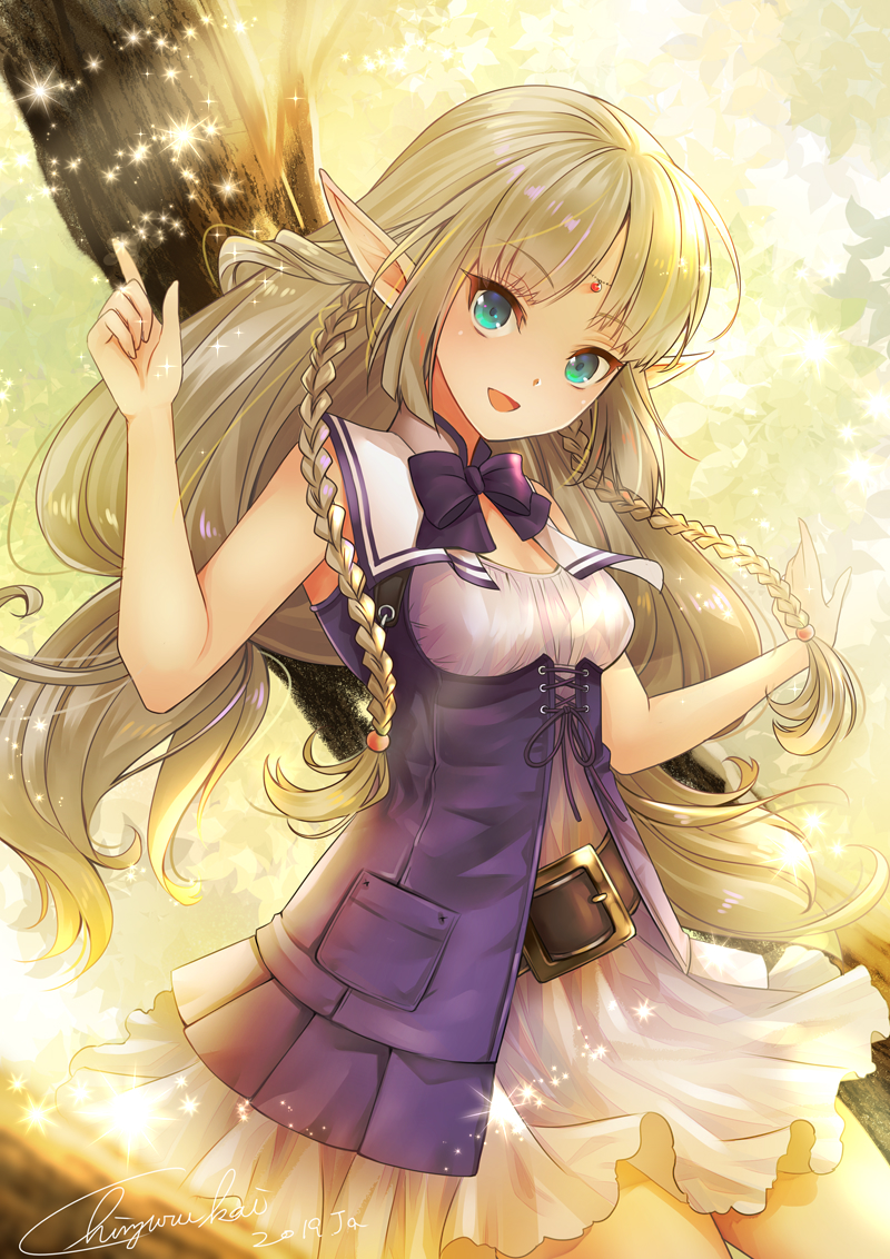 1girl, 2019, :d, aqua_eyes, bangs, belt, belt_buckle, blonde_hair