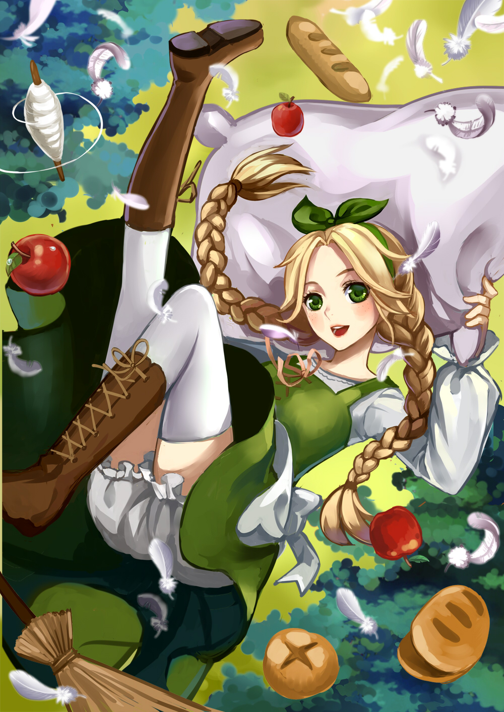 1girl, :d, apple, apron, blonde_hair, bloomers, blush, boots