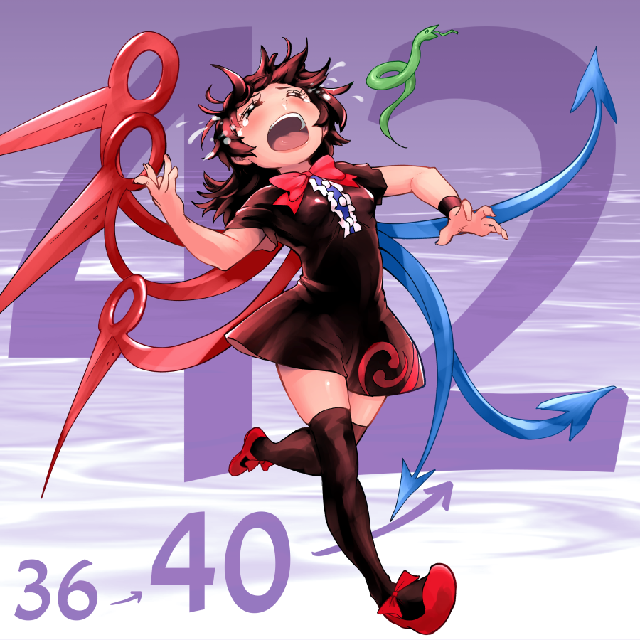 1girl, arched_back, arms_up, asymmetrical_wings, black_dress, black_hair, black_legwear, blush, bow, bowtie, bracelet, breasts, closed_eyes, commentary_request, crying, dress, facing_up, foreshortening, goroumaru, gradient, gradient_background, head_tilt, houjuu_nue, jewelry, medium_hair, messy_hair, number, number_background, open_mouth, purple_background, red_footwear, red_neckwear, running, short_sleeves, small_breasts, snake, solo, tears, thigh-highs, touhou, upper_teeth, wings, zettai_ryouiki
