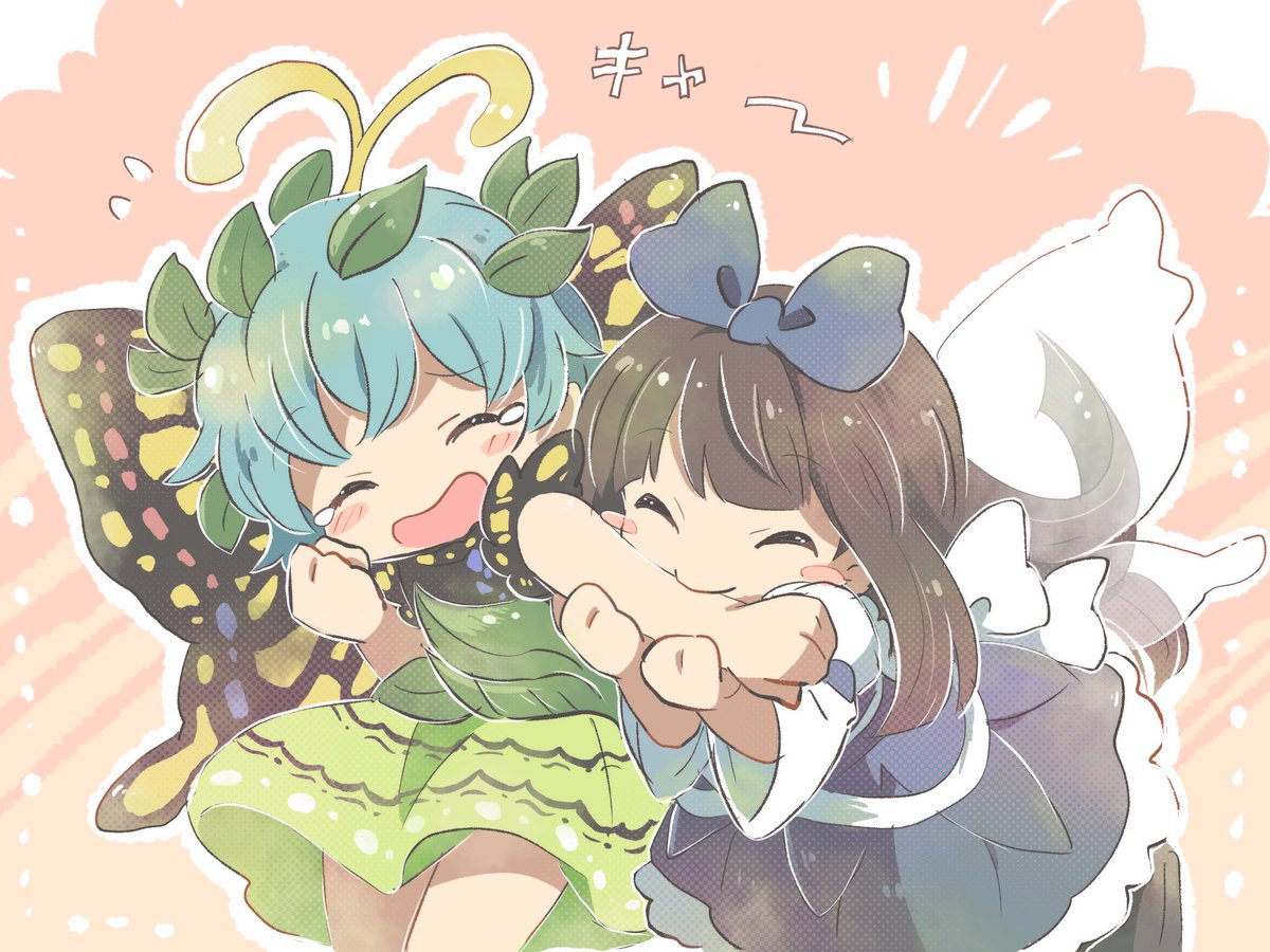 2girls, antennae, bangs, biting_arm, black_shirt, blue_bow, blue_dress, bow