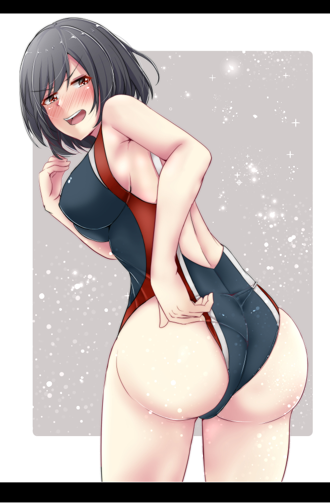 1girl, adjusting_clothes, adjusting_swimsuit, ass, back, black_border, black_hair, black_swimsuit