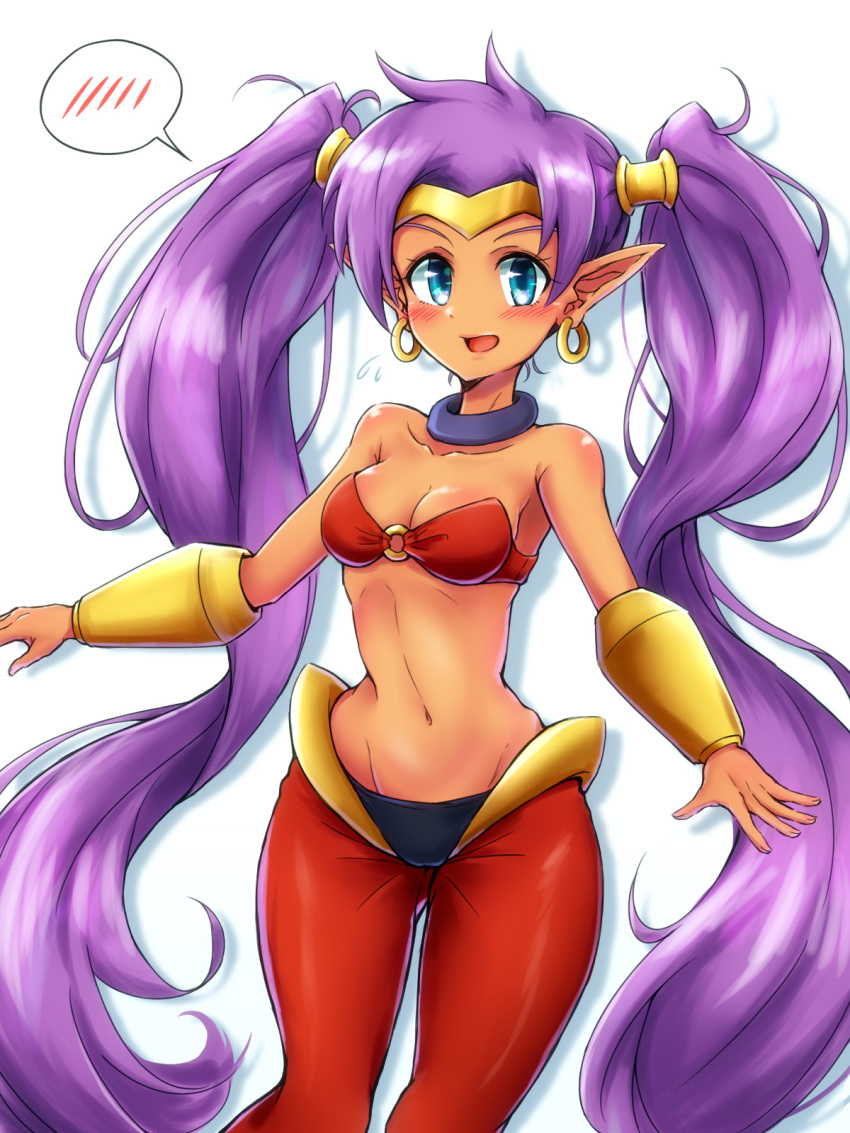 1girl, :d, alternate_hairstyle, bandeau, blue_eyes, blush, bracer, breasts