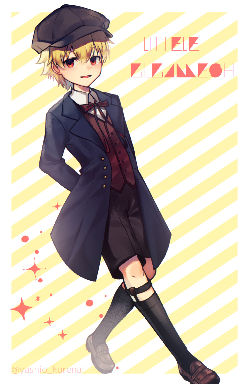 1boy, absurdres, black_legwear, blonde_hair, blush, character_name, child, child_gilgamesh