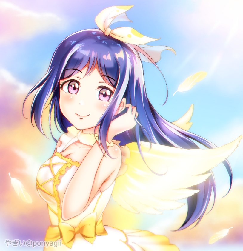 1girl, bangs, birthday, blue_hair, breasts, cleavage, clouds, cloudy_sky