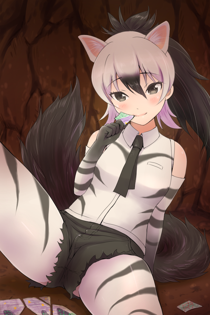 1girl, aardwolf_(kemono_friends), aardwolf_ears, aardwolf_print, aardwolf_tail, animal_ears, animal_print, arm_behind_back