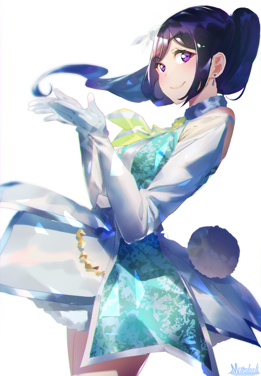 1girl, artist_name, awaken_the_power, birthday, blue_hair, commentary_request, detached_sleeves, dress