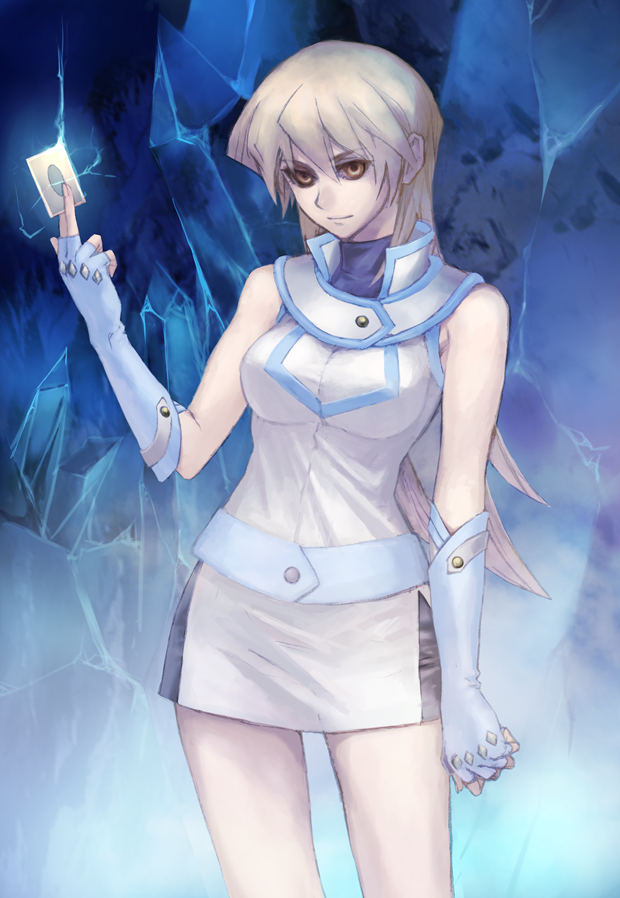 alexis_rhodes, blonde_hair, brown_eyes, card, card_with_aura, cards, fingerless_gloves, gloves