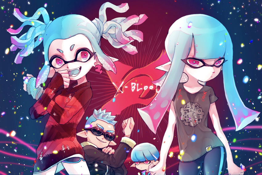 2boys, 2girls, bowl_cut, domino_mask, fangs, highres, hime_cut, inkling