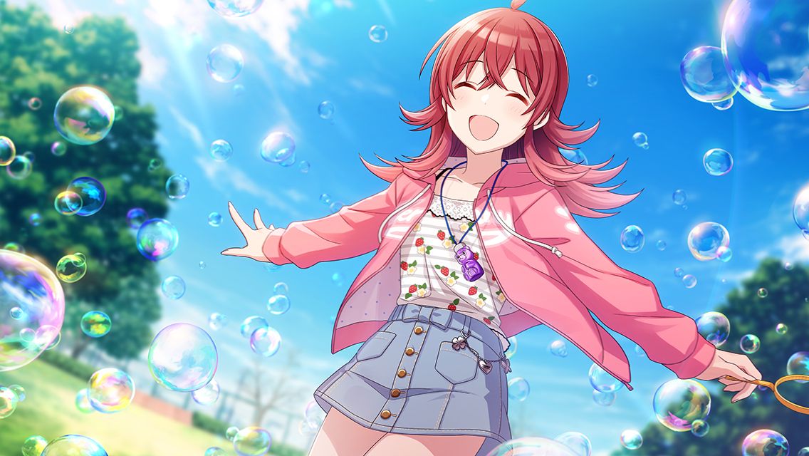 blush, closed_eyes, idolmaster, idolmaster_shiny_colors, jakcet, komiya_kaho, redhead, short_hair, smile