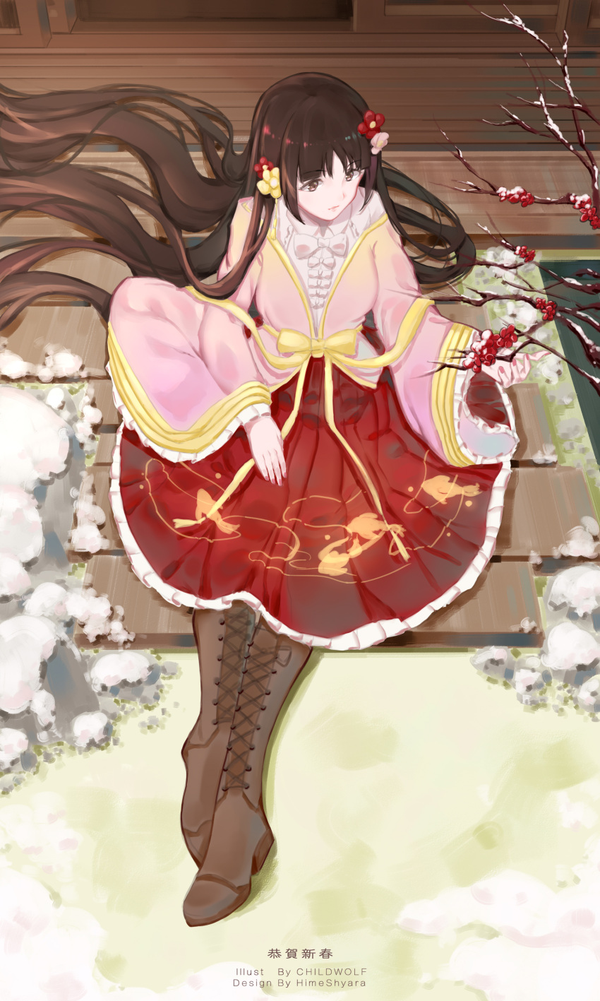 1girl, absurdly_long_hair, absurdres, animal_print, arm_up, artist_name, boots, bow