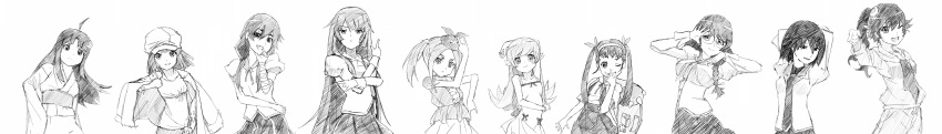6+girls, absurdres, ahoge, araragi_karen, araragi_tsukihi, asymmetrical_hair, backpack, bag, bandage, bandaged_arm, bandages, blush, bracelet, braid, breasts, cabbie_hat, closed_mouth, dress, eyebrows, flat_chest, food_themed_hair_ornament, fried_egg, glasses, greatveemon, greyscale, grin, hachikuji_mayoi, hair_between_eyes, hair_ornament, hairband, hairclip, hanekawa_tsubasa, hat, highres, hood, hooded_track_jacket, jacket, jacket_on_shoulders, japanese_clothes, jewelry, jojo_no_kimyou_na_bouken, jojo_pose, juliet_sleeves, kanbaru_suruga, kimono, large_breasts, long_hair, long_image, long_sleeves, looking_at_viewer, monochrome, monogatari_(series), multiple_girls, ononoki_yotsugi, open_mouth, oshino_ougi, oshino_shinobu, parody, pose, puffy_sleeves, ribbon, school_uniform, sengoku_nadeko, senjougahara_hitagi, shirt, short_eyebrows, short_hair, side_ponytail, sketch, skirt, sleeves_past_wrists, small_breasts, smile, thick_eyebrows, track_jacket, twintails, wide_image