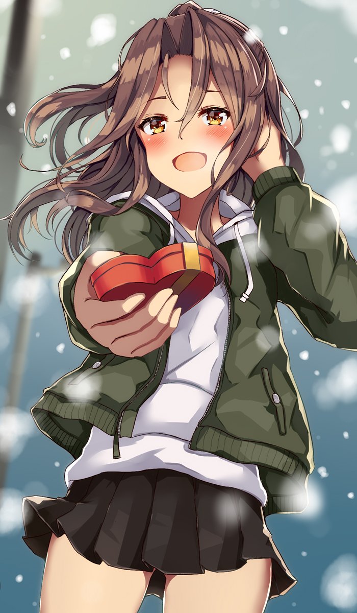 1girl, black_skirt, box, brown_eyes, commentary_request, cowboy_shot, drawstring, foreshortening