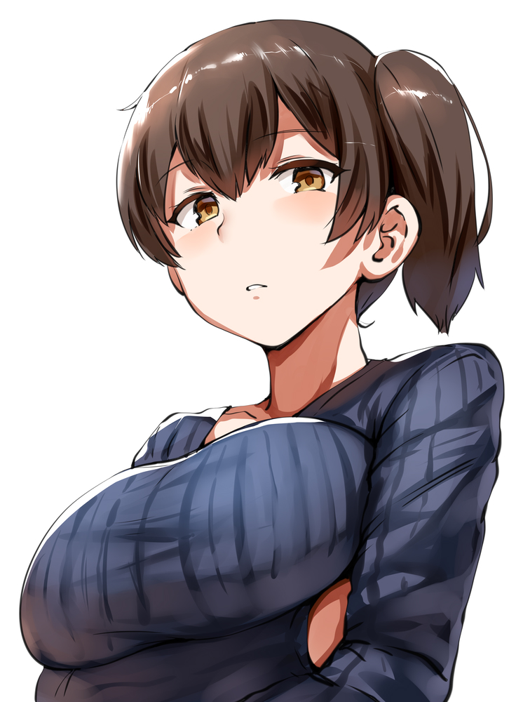1girl, alternate_costume, blue_sweater, breasts, brown_eyes, brown_hair, crossed_arms, from_below