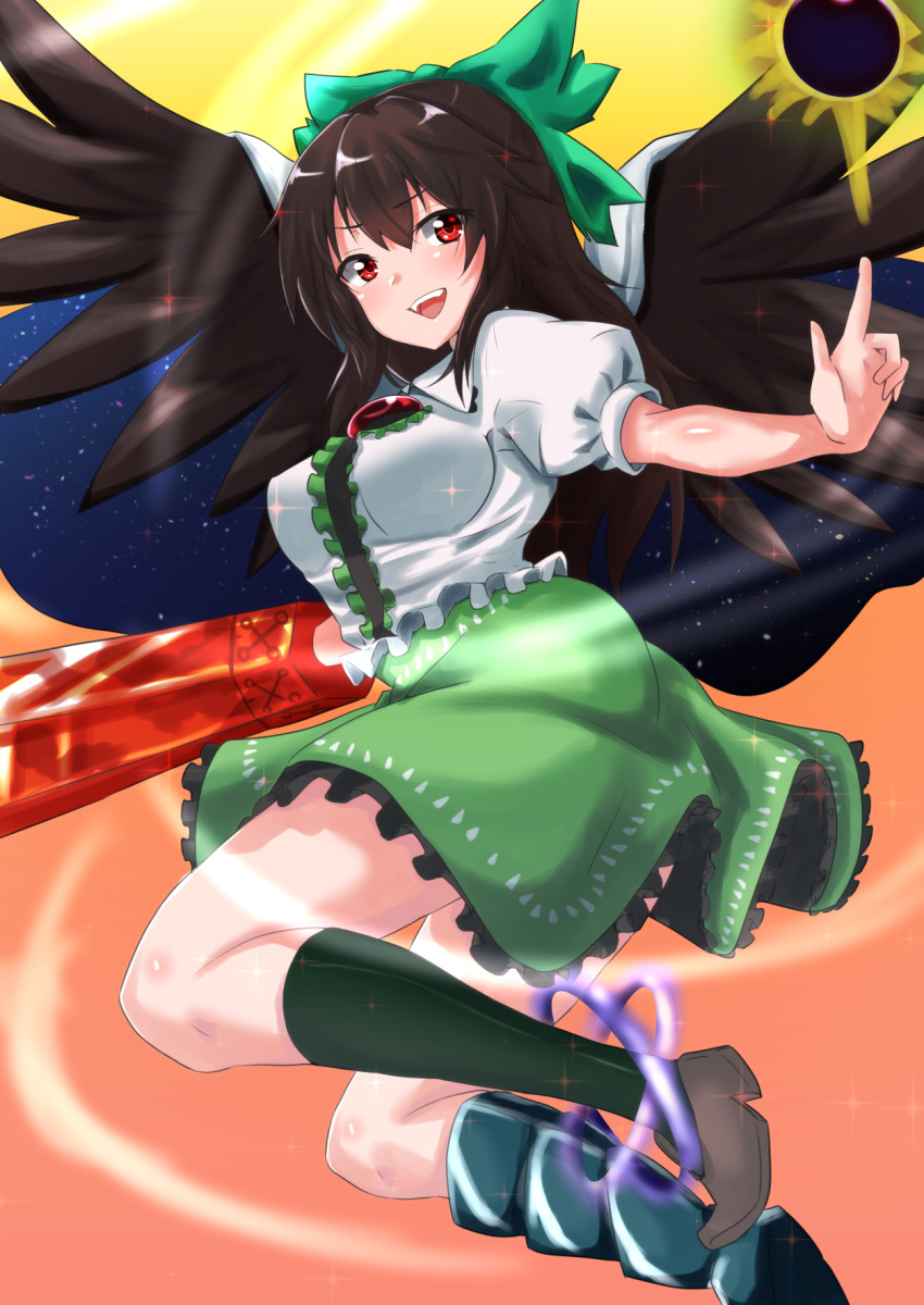 1girl, arm_cannon, arm_up, bird_wings, black_hair, black_legwear, black_wings, blouse