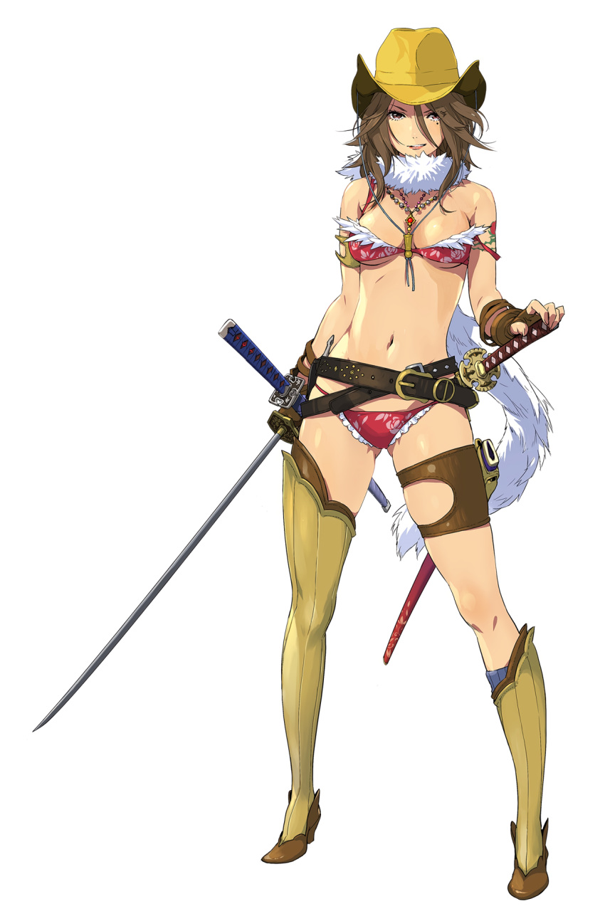 1girl, arm_tattoo, asymmetrical_legwear, aya_(oneechanbara), bikini, brown_eyes, brown_hair, crossed_belts