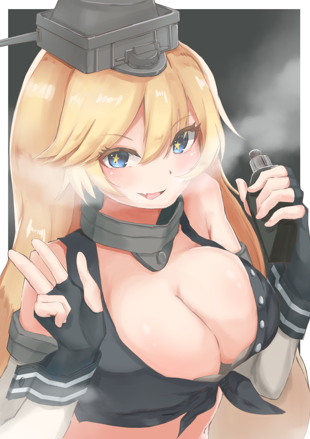 1girl, blonde_hair, blue_eyes, breasts, cleavage, commentary_request, elbow_gloves, fingerless_gloves