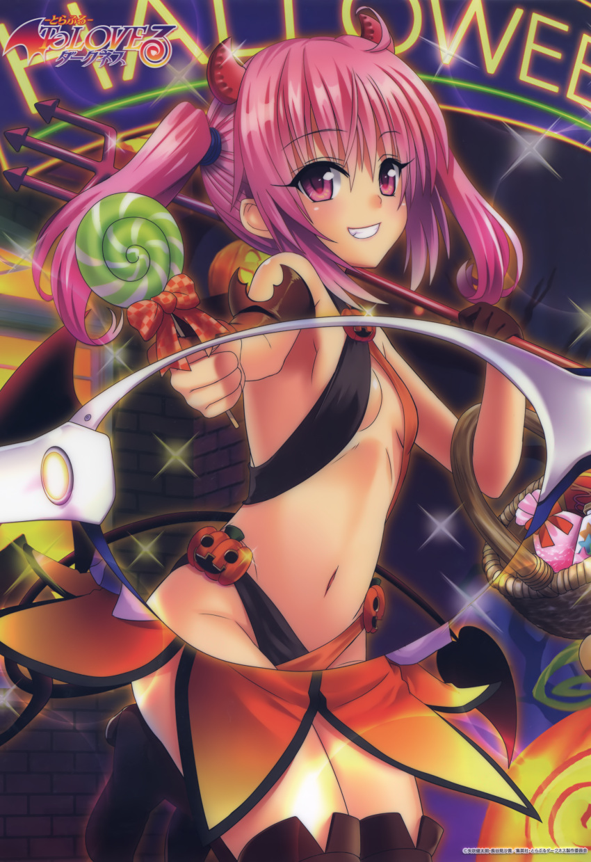 1girl, absurdres, basket, black_footwear, boots, breasts, brown_gloves, cleavage, copyright_name, elbow_gloves, eyebrows_visible_through_hair, gloves, grin, hair_between_eyes, halloween, halloween_costume, halterneck, highres, holding, holding_basket, holding_weapon, horns, jumping, legs_up, long_hair, looking_at_viewer, miniskirt, nana_asta_deviluke, navel, official_art, orange_skirt, pink_eyes, pink_hair, skirt, small_breasts, smile, solo, sparkle, tail, thigh-highs, thigh_boots, to_love-ru, twintails, weapon, x-ray_glasses, x-ray_vision, yabuki_kentarou