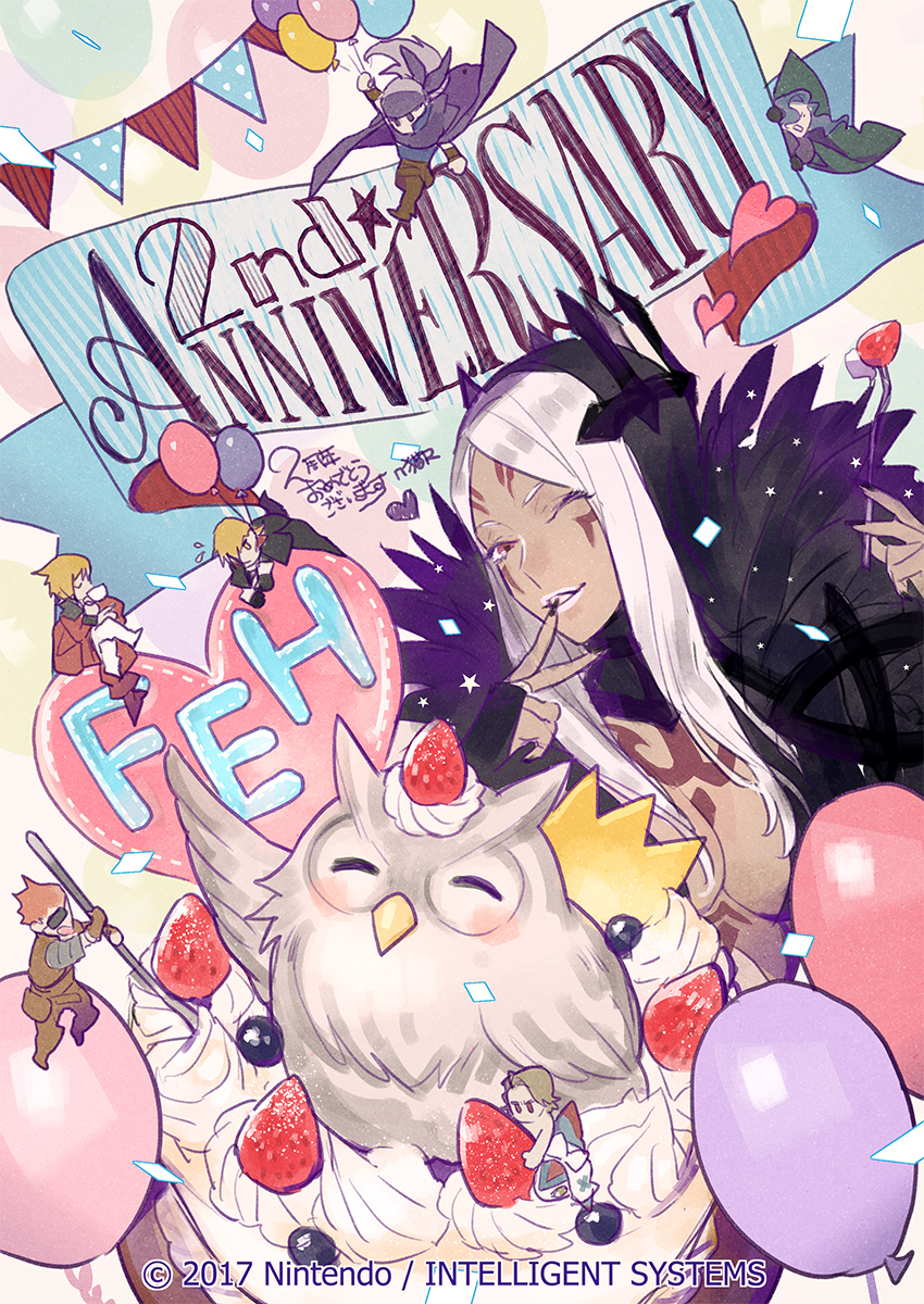 1girl, 6+boys, aless_(fire_emblem), anniversary, balloon, bird, blonde_hair, breasts