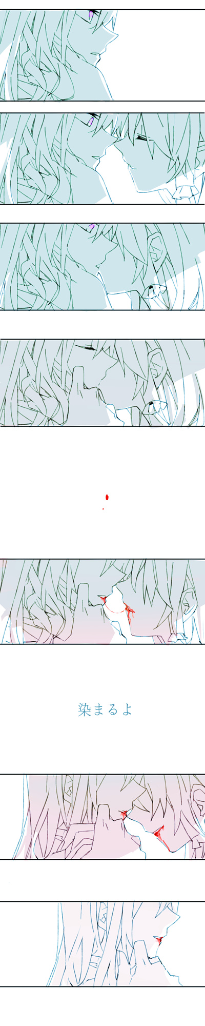 2girls, blood, blood_drop, blood_string, bloody_mouth, closed_eyes, comic, face