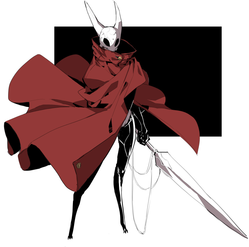 absurdres, cloak, helmet, highres, holding, holding_sword, holding_weapon, hollow_knight