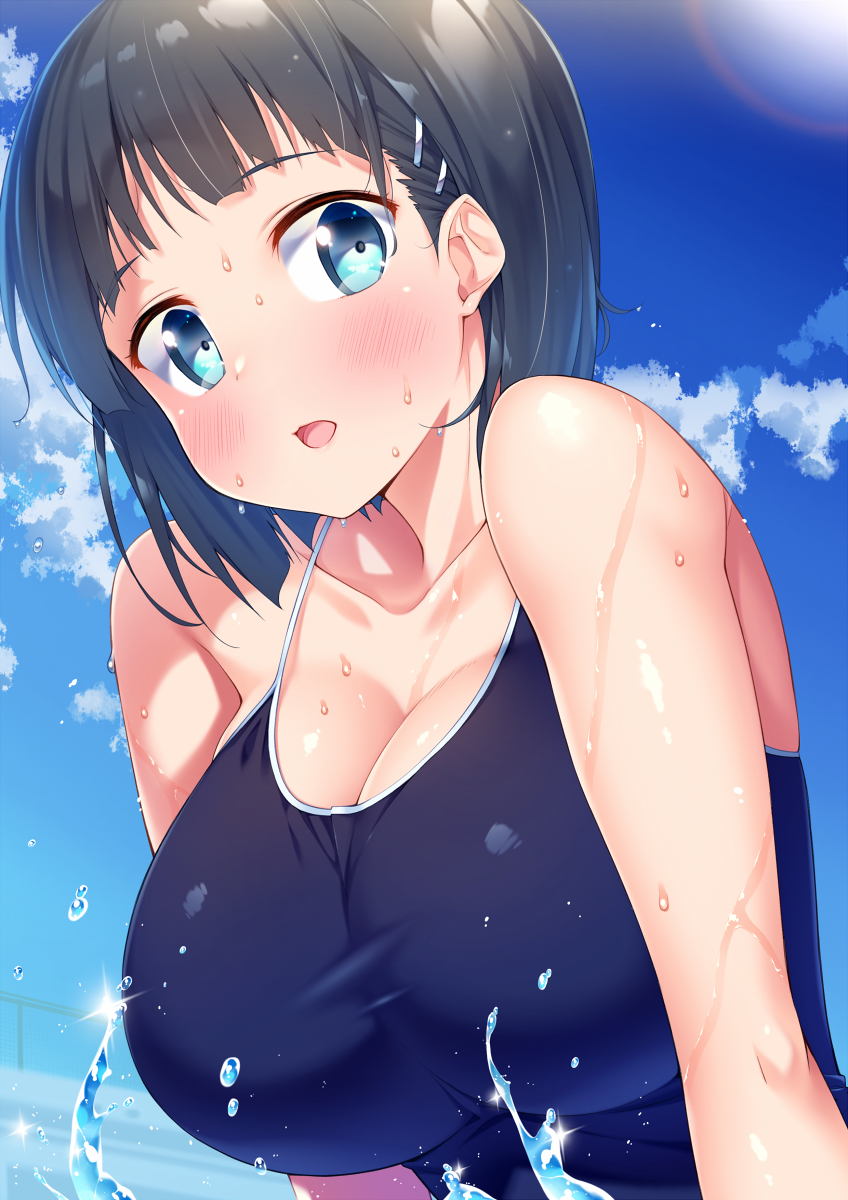 1girl, :o, bare_arms, bare_shoulders, black_hair, blue_eyes, blue_sky, blue_swimsuit
