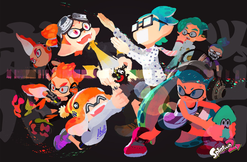 2girls, 6+boys, assisted_exposure, bandanna, bobble-chan_(splatoon), bobblehat, cellphone, censored