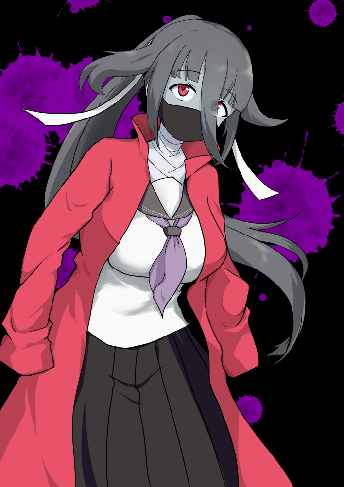 1girl, bandage, black_hair, chamame, face_mask, grey_skin, hair_between_eyes, long_hair