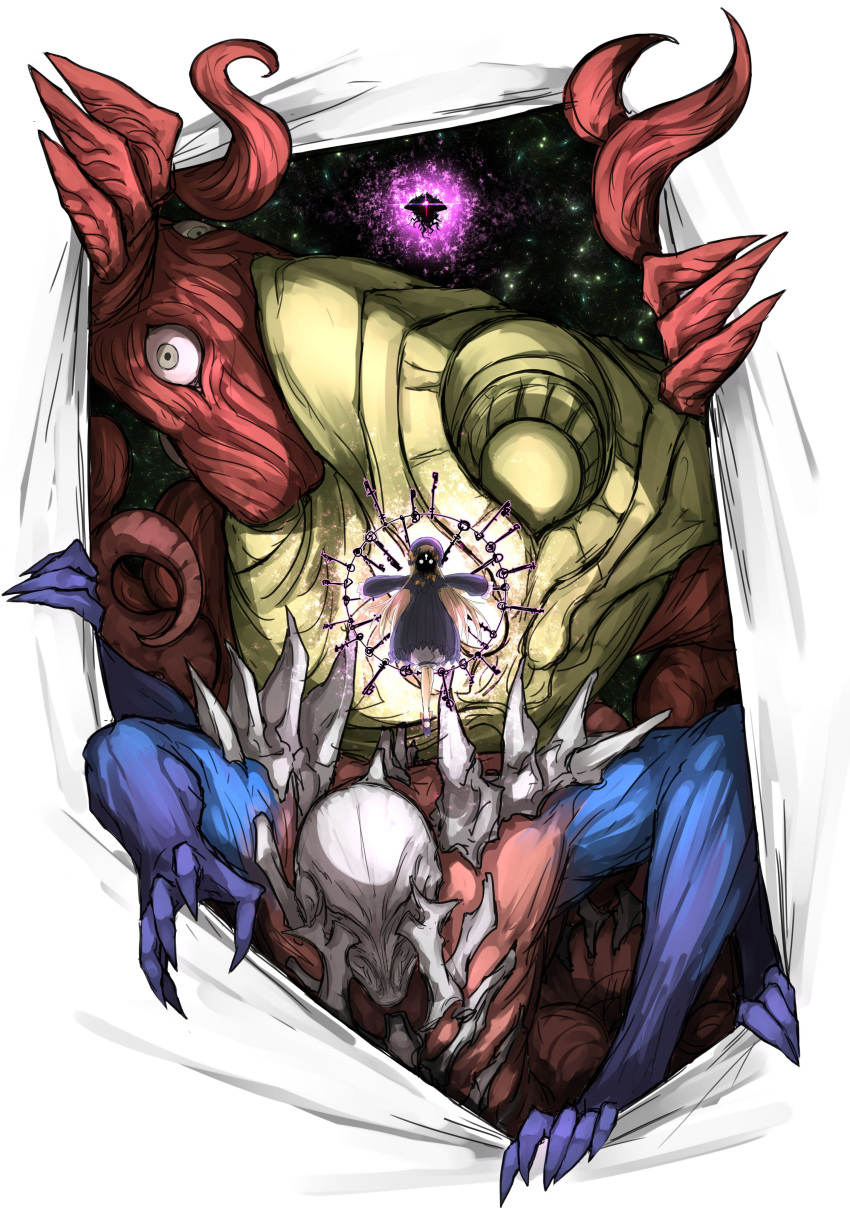 abigail_williams_(fate/grand_order), absurdres, blonde_hair, bow, crossover, eldritch_abomination, emrakul_the_aeons_torn, extra_arms, extra_eyes, fate/grand_order, fate_(series), fourth_wall, hidden_face, highres, kan_(aaaaari35), key, keyhole, keyring, kozilek_butcher_of_truth, magic:_the_gathering, sleeves_past_fingers, sleeves_past_wrists, space, tentacle, ulamog_the_infinite_gyre