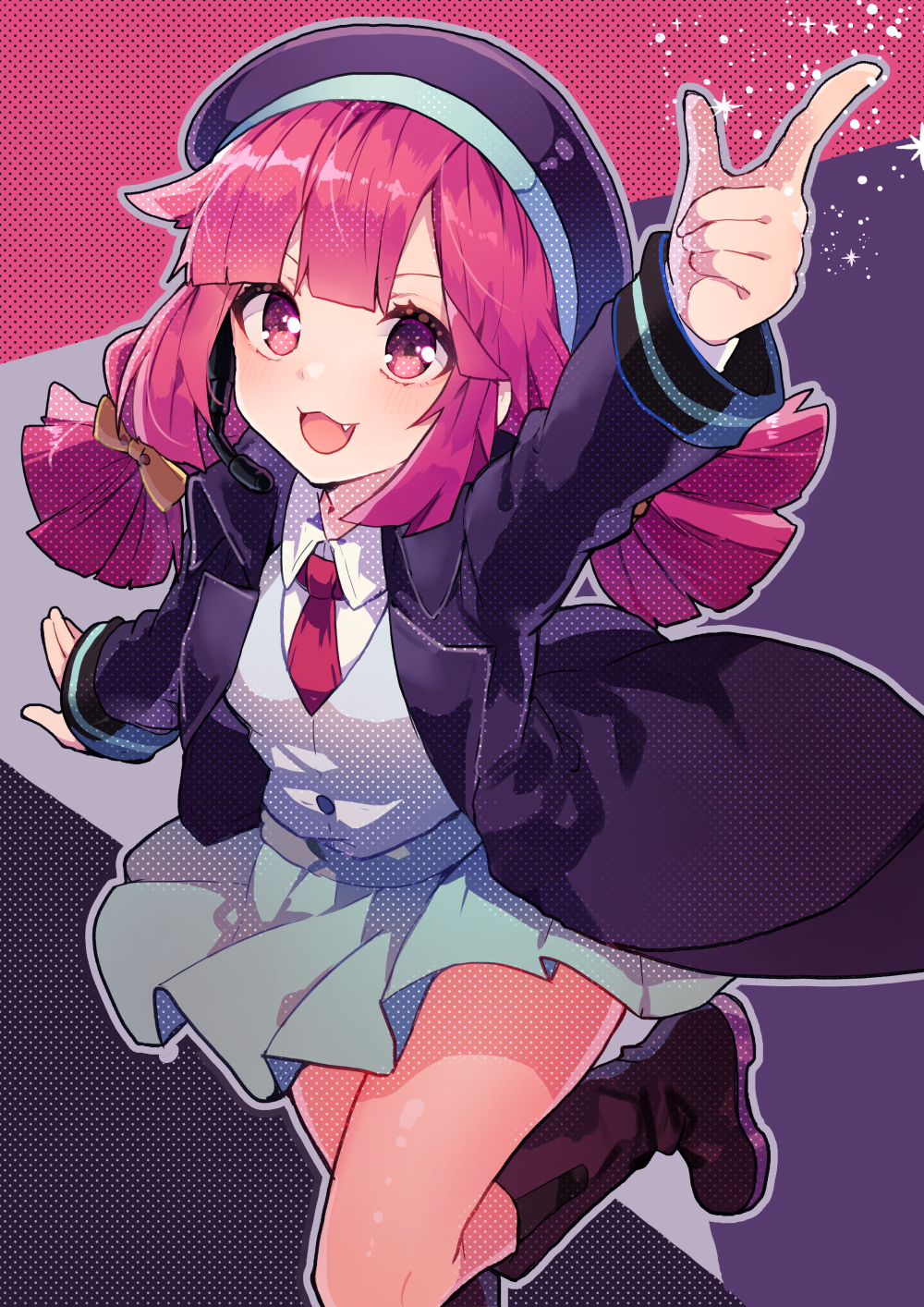 1girl, :3, :d, arm_up, bangs, beret, black_coat, black_footwear, black_hat, blue_skirt, blush, boots, bow, burou_(muse_dash), coat, collared_shirt, fang, finger_gun, floating_hair, glint, hair_bow, hat, highres, ikeuchi_tanuma, knee_boots, leg_up, long_coat, long_hair, long_sleeves, looking_at_viewer, microphone, miniskirt, muse_dash, necktie, open_clothes, open_coat, open_mouth, pink_eyes, pink_hair, red_neckwear, shirt, shirt_tucked_in, sidelocks, skirt, smile, solo, twintails, undershirt, v-shaped_eyebrows, white_shirt, wing_collar, yellow_bow
