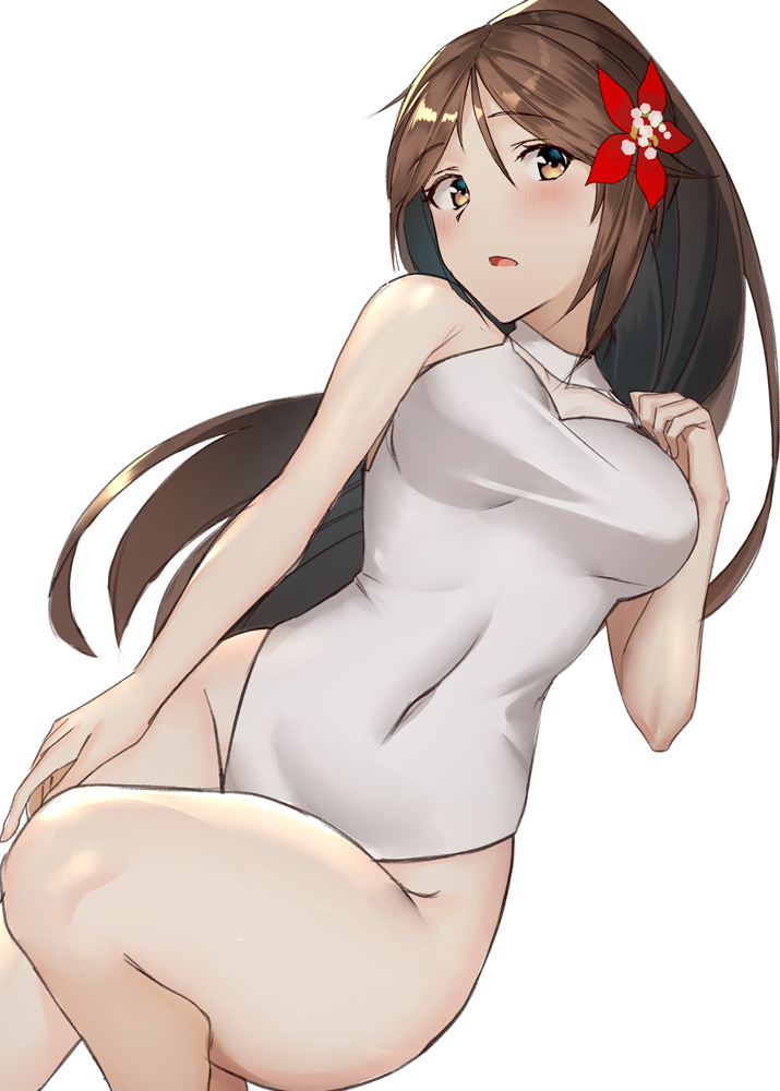 1girl, amagi_(kantai_collection), brown_eyes, brown_hair, covered_navel, cowboy_shot, flower, hair_flower, hair_ornament, high_ponytail, highleg, highleg_leotard, kantai_collection, leaf, leaf_hair_ornament, leotard, long_hair, looking_at_viewer, maple_leaf, open_mouth, pallad, sidelocks, simple_background, solo, turtleneck, white_background, white_leotard, wide_ponytail