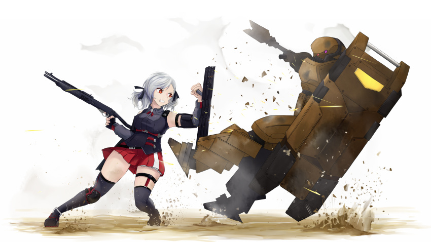 1girl, 1other, aegis_(girls_frontline), attack, baton, falling, girls_frontline, gun