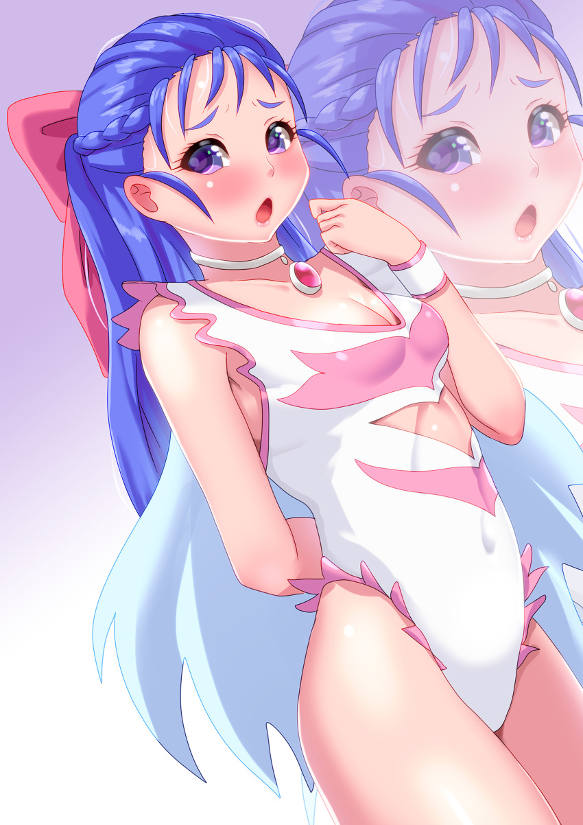 1girl, angel_leotard, arm_behind_back, blue_eyes, blue_hair, bow, breasts, commentary_request, cowboy_shot, dragon_quest, dragon_quest_v, flora, gradient, gradient_background, grey_background, hair_bow, half_updo, hamaeru, highleg, highleg_leotard, highres, leotard, long_hair, looking_at_viewer, navel_cutout, open_mouth, pink_background, pink_bow, small_breasts, solo, white_background, white_wristband, wristband, zoom_layer