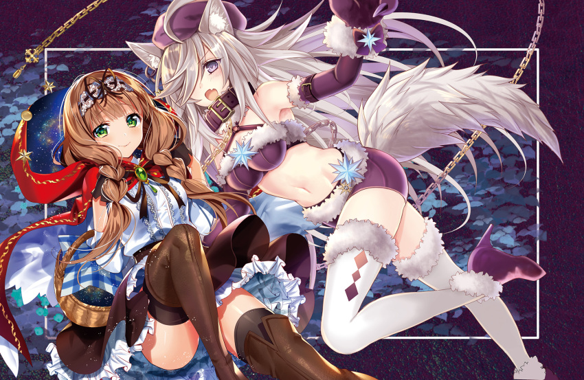 2girls, :d, ahoge, animal_ear_fluff, animal_ears, arm_belt, bare_shoulders, black_gloves
